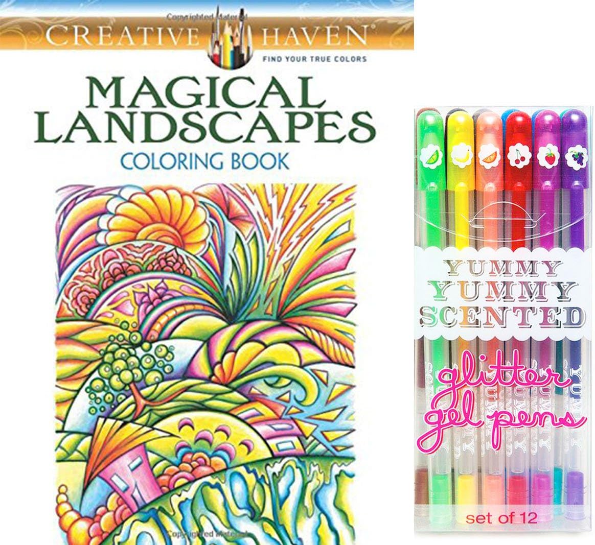 International Arrivals Yummy Yummy Scented Glitter Gel Pens and Dover Creative Haven Magical Landscapes Adult Coloring Book -Magical Designs to Color for Stress Relieving Therapy!