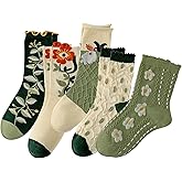 MAVTBOFL 5 Pairs Floral Socks for Women Cute Embroidered Flower Crew Sock Cottagecore Frilly Vintage Fancy Cotton Socks