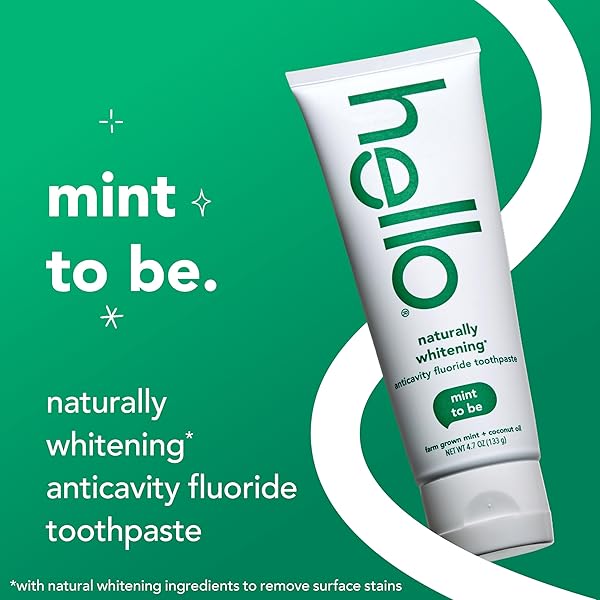 HELLO NATURALLY WHITENING FLUORIDE TOOTHPASTE, NATURAL WHITENING TOOTHPASTE WITH COCONUT OIL AND TEA TREE OIL, TAMES BAD BREATH, HELPS MOISTURIZE, AND FIGHTS CAVITIES, MINT, 3 PACK, 4.7 OZ TUBES