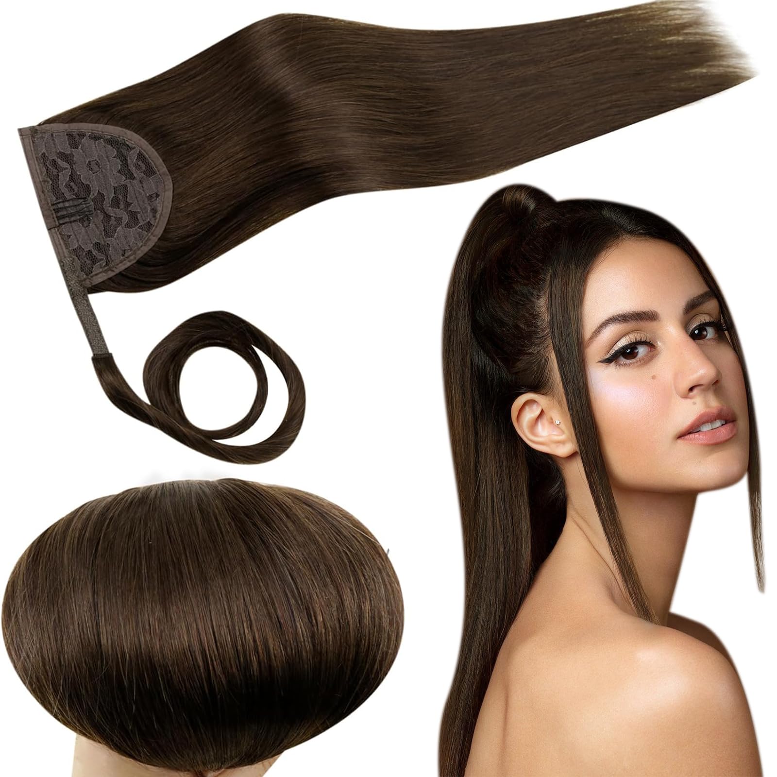 RUNATURE Real Hair Ponytail Extension Chocolate Brown Human Hair Clip in Ponytail Hair Extensions Remy Brown 22 Inch 80 Gram Straight — image 1