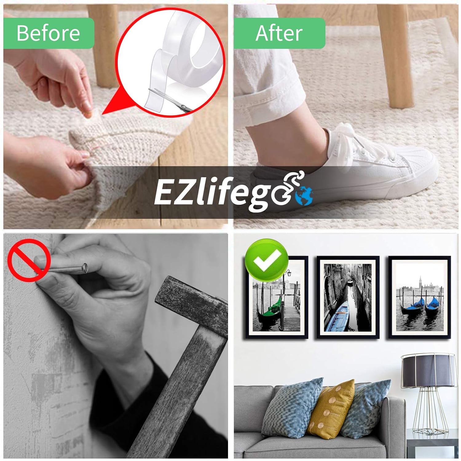 EZlifego Double Sided Tape Heavy Duty (9.85FT), Multipurpose Removable Mounting Tape Adhesive Grip,Washable Strong Sticky Wall Tape Strips Transparent Tape Poster Carpet Tape for Paste Items,Household: Industrial & Scientific