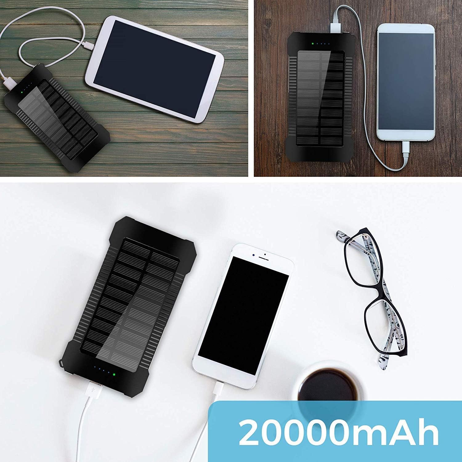 Hidver Solar Phone Charger 20000mAh Portable Power Bank Waterproof Battery Packs with Dual Ports, Compass, Flashlight for Camping Solar Panel for Smartphones,GoPro Camera,GPS and Other Devices