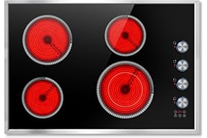PLADECA 30 Inch Electric Cooktop, 4 Burner Electric Stove Top with Knob Control, 6700W Stove Top Burner with Overheat Protection, Child Lock, Timer, Durable Metal Frame, Bulit-in Glass Top 220-240V Hardwired