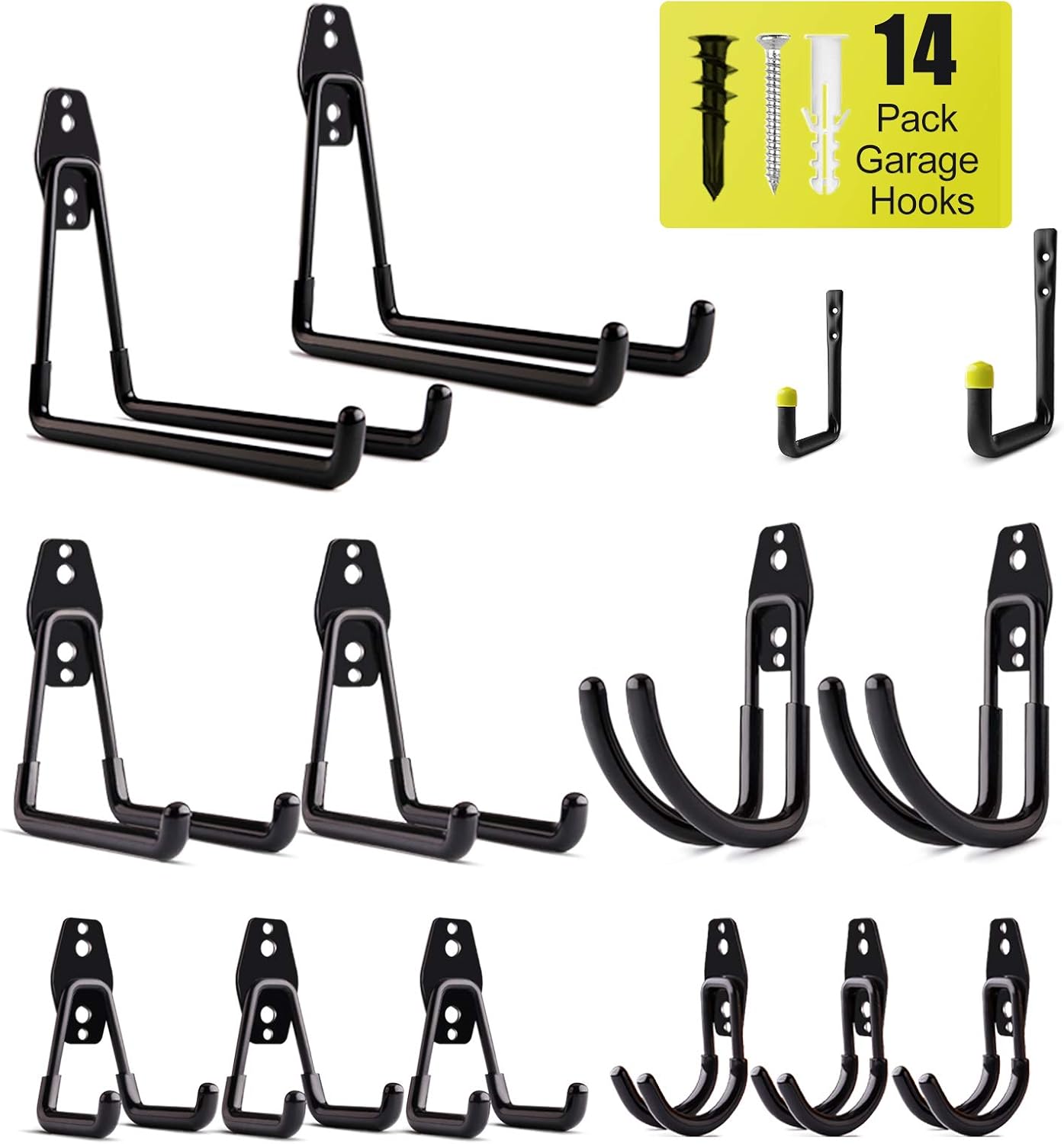 Garage Hooks, Topsome Garage Storage Hook Heavy Duty 14 Pack, Wall Mount Tool Hooks, 5 Size Organizers for Hanging Ladder, Bike, Bulky Item (Black) - - 