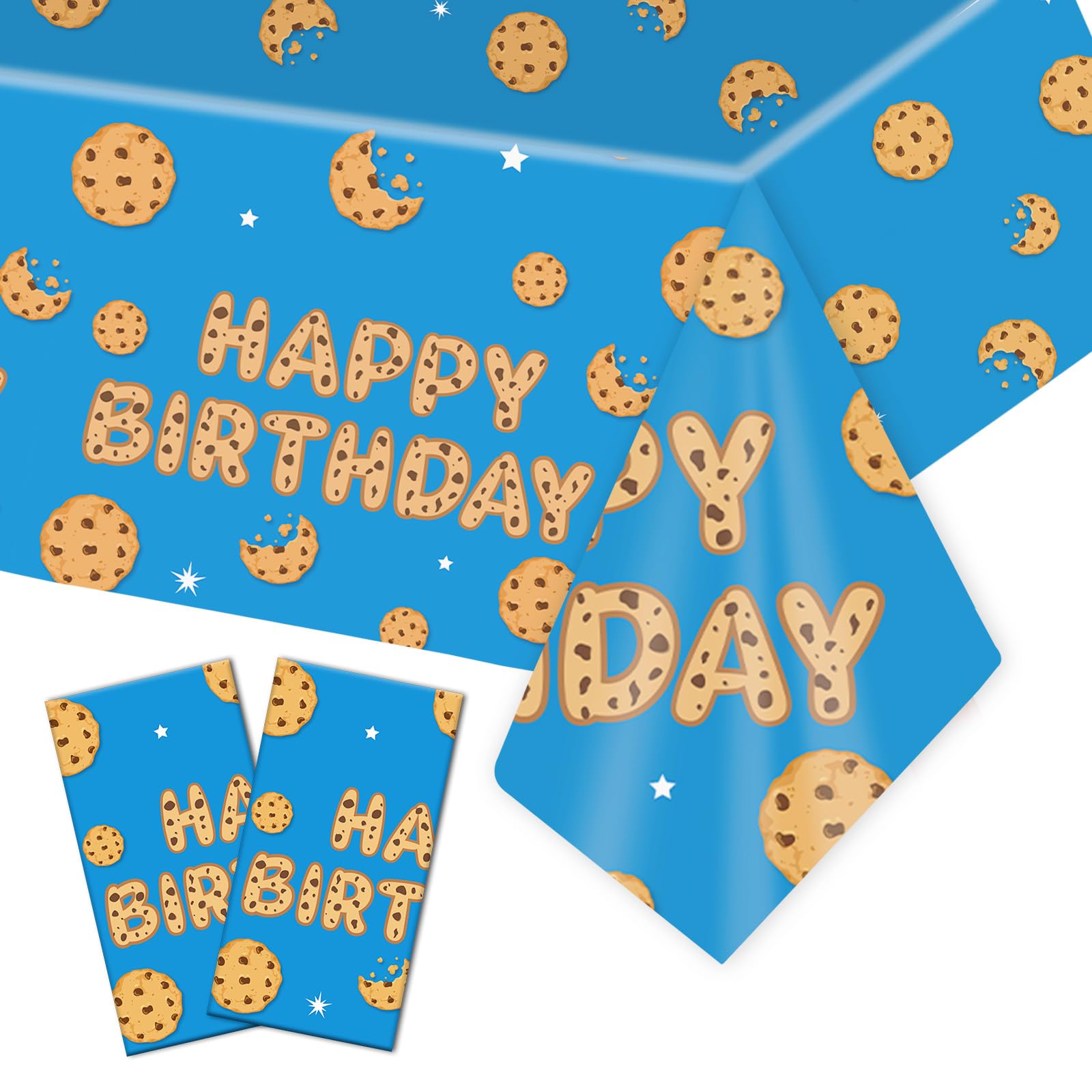 SAVITA 2pcs Cookie Happy Birthday Tablecloth, 108 x 54 Inch Waterproof Plastic Table Covers Blue Cookie Theme Party Decorations for Kids Girls Boys Birthday Baby Shower Supplies