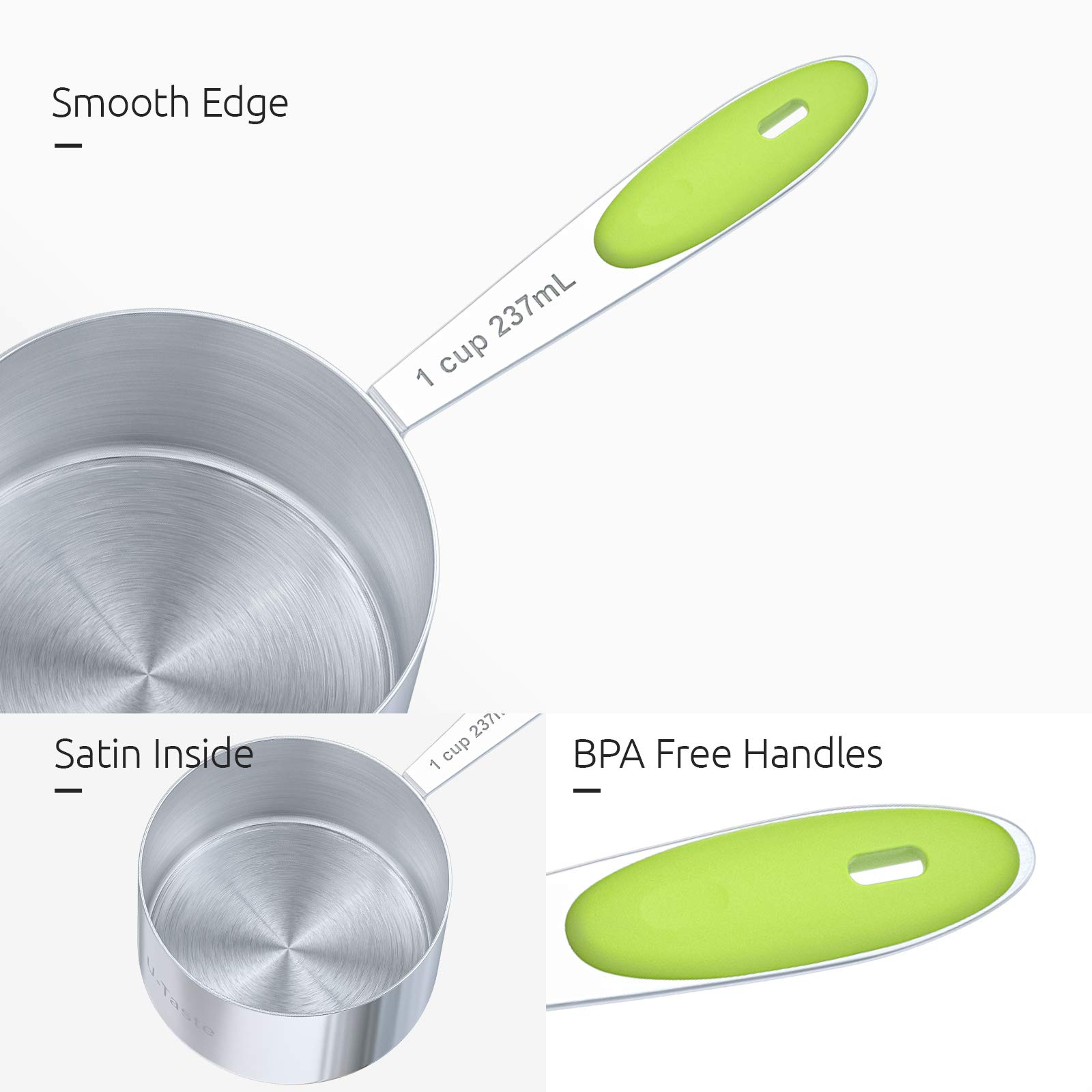 計量カップ：U-Taste 18/8ステンレス鋼計量カップとスプーン10個セット、アップグレードされた厚さのハンドル
