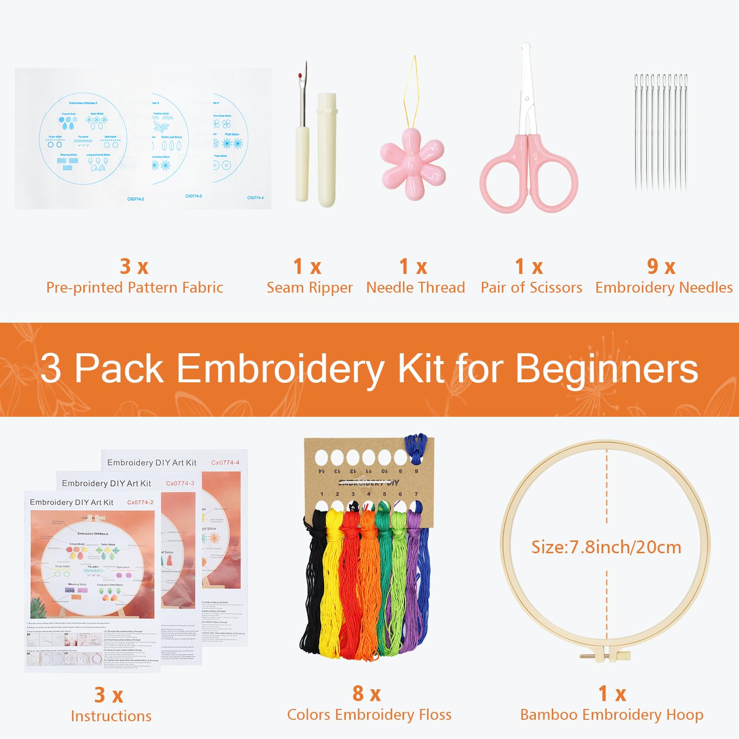 RidaaFri Embroidery Kits for Beginners, Embroidery Stitches Practice Kit, Hand Beginner Embroidery Kit with 23 Different Stitch for Adults and Kids, Includes Bamboo Hoop, Cloth, Needles, Scissors