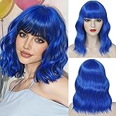 Beelu Blue Short Bob Wig with Bangs for Women Loose Wavy Bob Wigs Shoulder Length Synthetic Colorful Cosplay Wigs for Girl Halloween Costume Daily Use