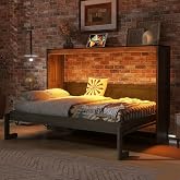 SOFTSEA Space-Saving Hideaway Murphy Bed Twin Size with LED Light, Can Be Folded into a Cabinet, Foldable Wall Bed Frame for Guest Room Home Office, Brown