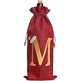 EVRWO Burlap Wine Bag Christmas Wine Bag With Letters Wine Champagne Gift Bag With Drawstring Letter M