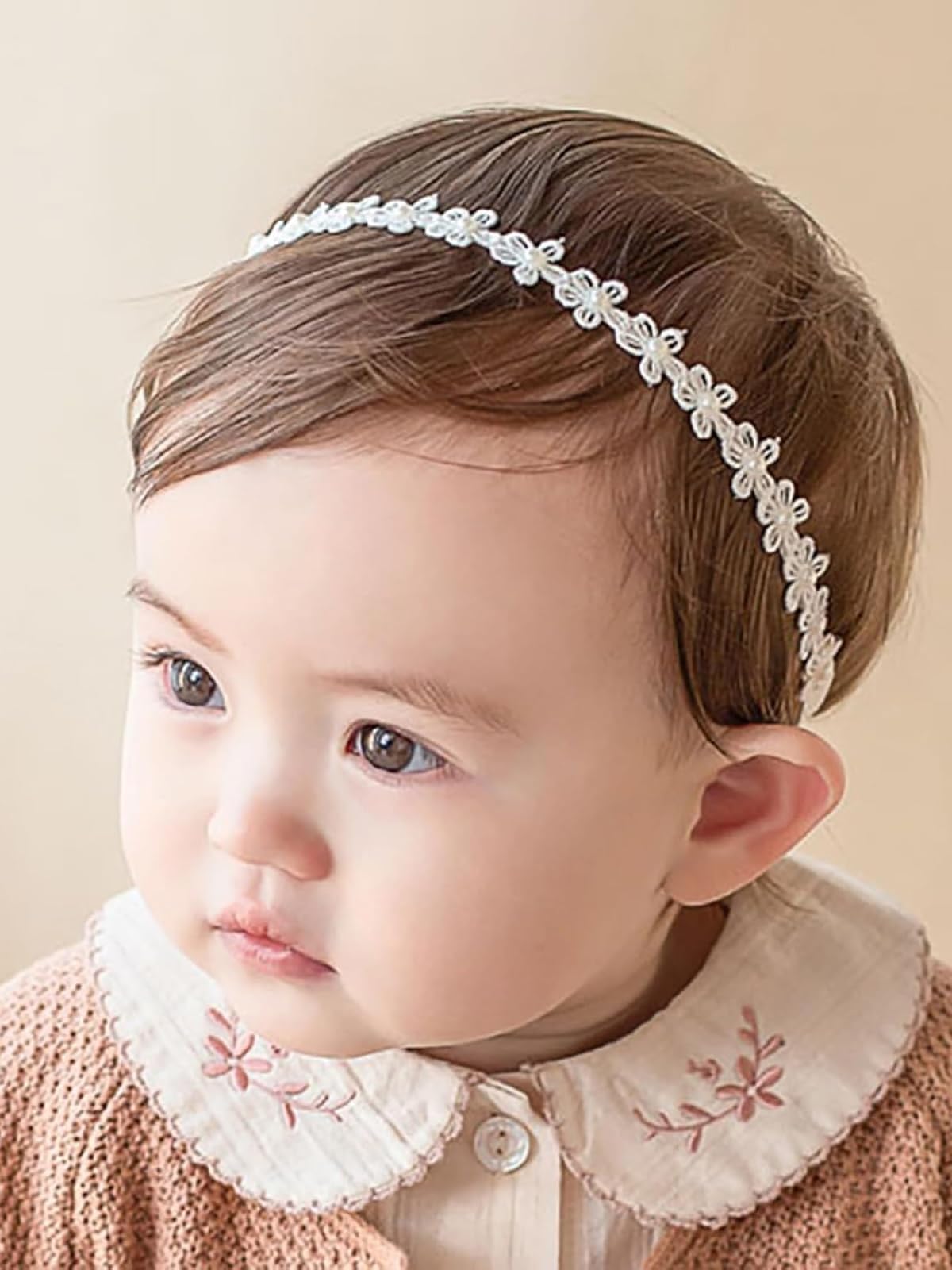 Photo 1 of ICKEYOU Baby Girls Flower Crown Headband Lace Handmade Floral Headbands Soft Elastic Band Daisy Hairband Newborn Infant Toddler Kids for Christening Baptism Birthday Party(White, Pearl)