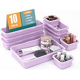 StoreHappily 10 PCS Drawer Organizer Set, 4 Size Makeup Drawer Divider Organizer With Non-Slip Pads, Interlocking Plastic Storage Bins for Office,Jewelry Vanity,Gadgets, Bathroom,Kitchen, Purple