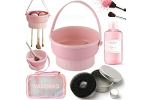 QUKLOGEN 3 In 1 Makeup Brush Cleaning Set Multifunctional Washing Bowl Drying Basket with Handle Silicone Cleaner Mat Removal Cleaner Sponge 150ml/5.12fl.oz Professional Makeup Brush Cleaner