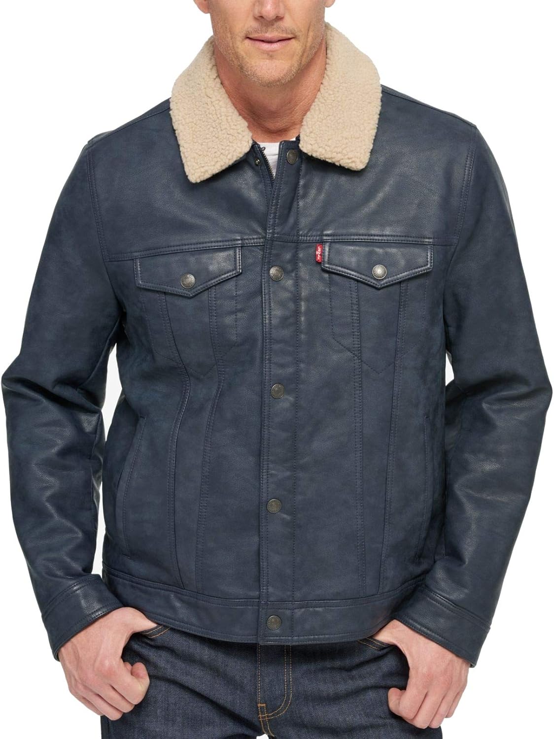 Levi's Mens Jacket Blue US Size Large L FauxLeather Trucker Sherpa