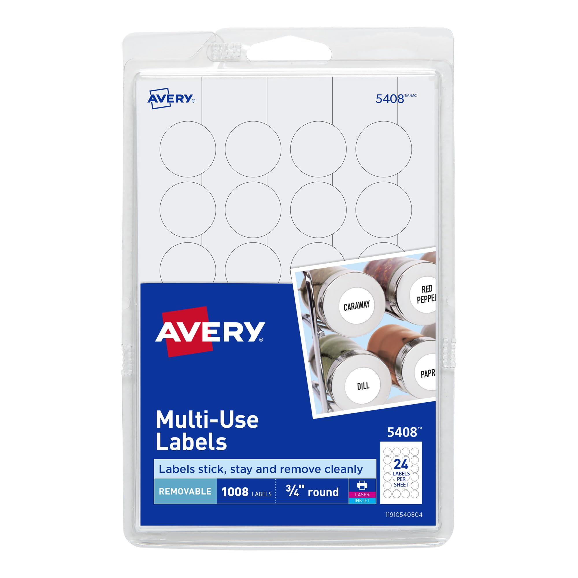 Photo 1 of Avery Removable Print or Write Labels for Laser and Inkjet Printers, 0.75 Inches, Round, Pack of 1008 (5408)