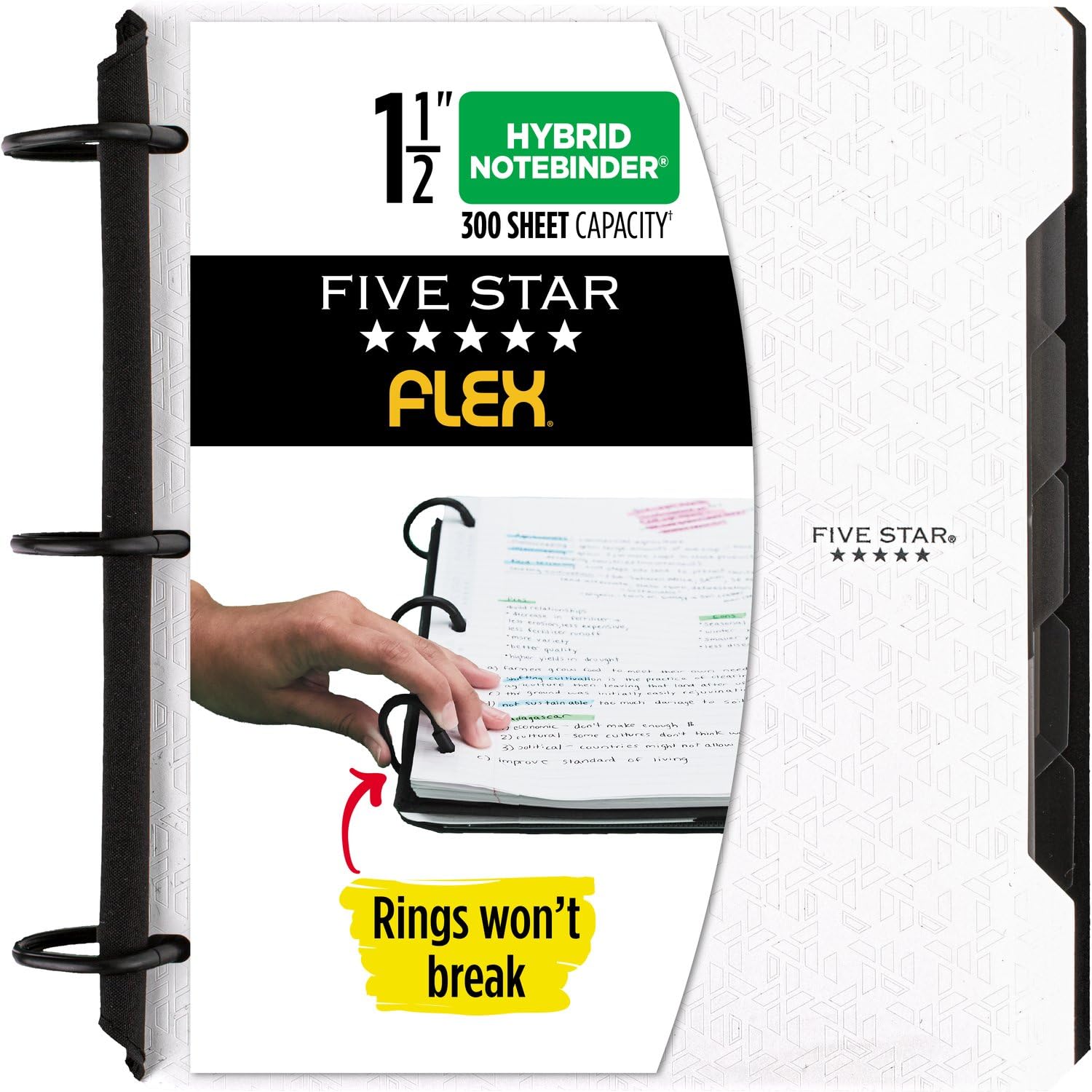 Photo 1 of Five Star Flex Refillable Notebook + Study App, College Ruled Paper and 1-1/2 Inch TechLock Ring Binder with Pockets, Tabs and Dividers, 300 Sheet Capacity, White (29324AE2)