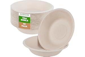 ECORIYO 16 Oz Paper Disposable Bowls - 50-Pack of Paper Disposable Bowls, Compostable Bowls from Sugarcane - Sugarcane Bowls Bulk Pack for Party or Restaurant
