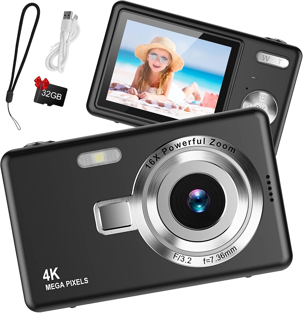 Taichaeu Digital Camera 1080P FHD 44MP 2.4" LCD 16X Zoom 32GB SD Card Included