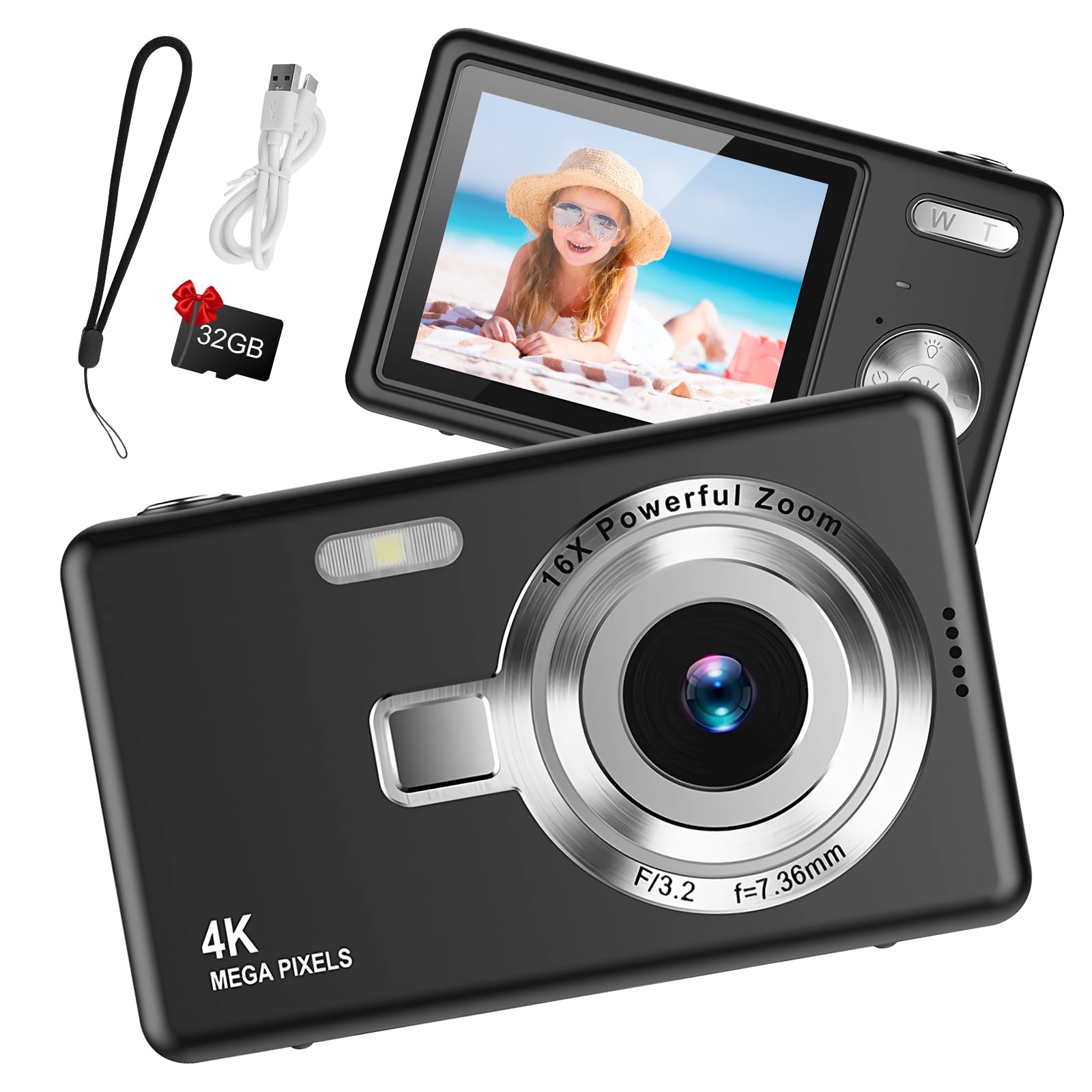Digital Camera 1080P FHD 44MP with 2.4" LCD Screen,16X Digital Zoom, Compact Portable Vlogging Camera with 32gb SD Card for Kids Teen Students Beginner (Black)