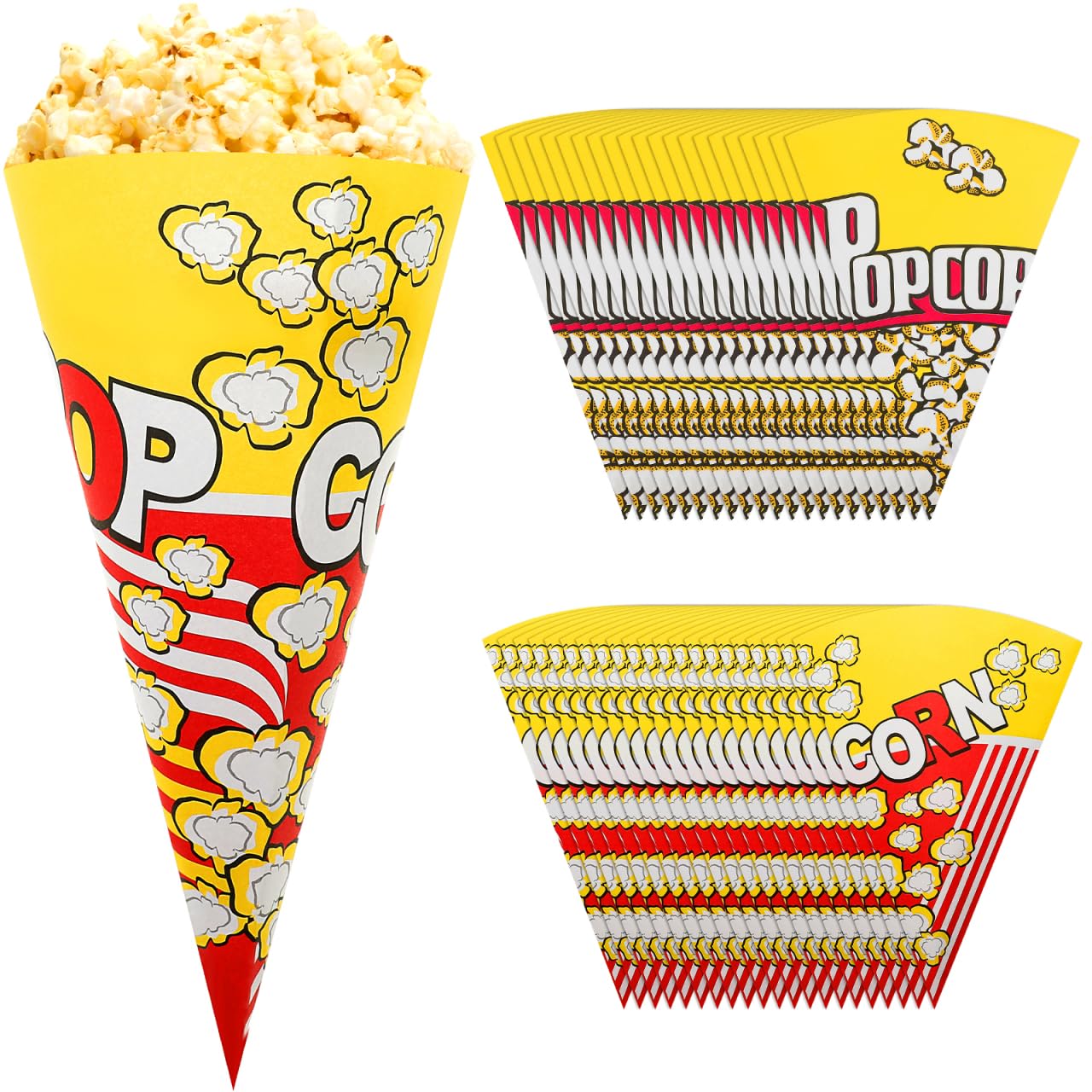 Small Paper Popcorn Boxes, 100 Pack Cone Shape Treat Candy Snack Container Food Containers - Reusable Paper Snack Bags Popcorn Bags for Carnival, Home Cinema, Party Themes,8 x 6.29 Inch