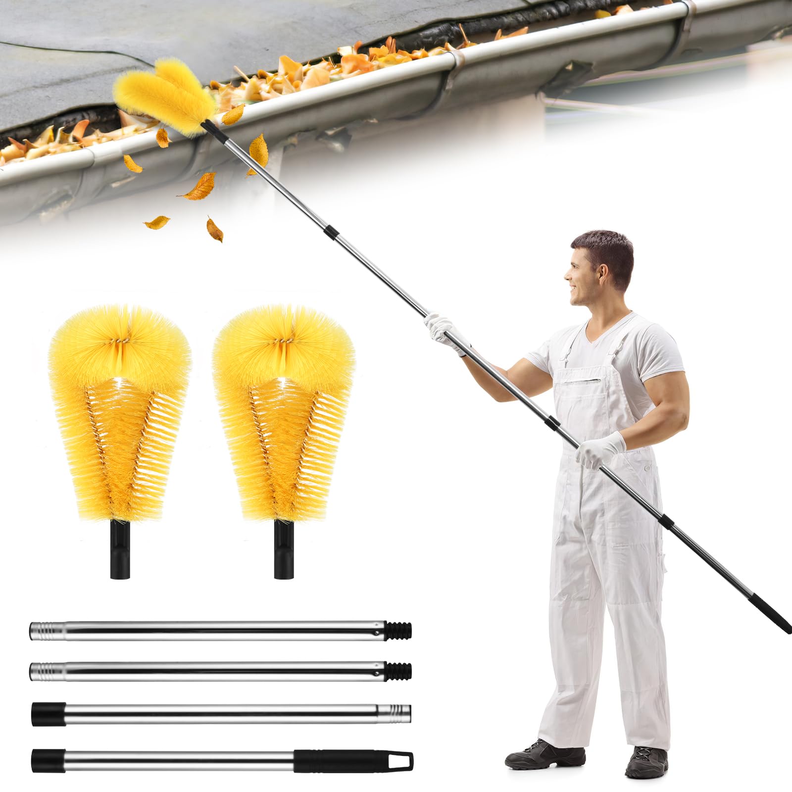 Gutter Cleaning Brush Roofing Tool,2-in-1 Gutter Cleaning Tools with 2 Gutter Brush 8Pcs Telescopic Extendable Pole 10ft,Gutter Cleaner Easy Remove Leave,Gutter Cleaning Tools for Cleaning Leaves