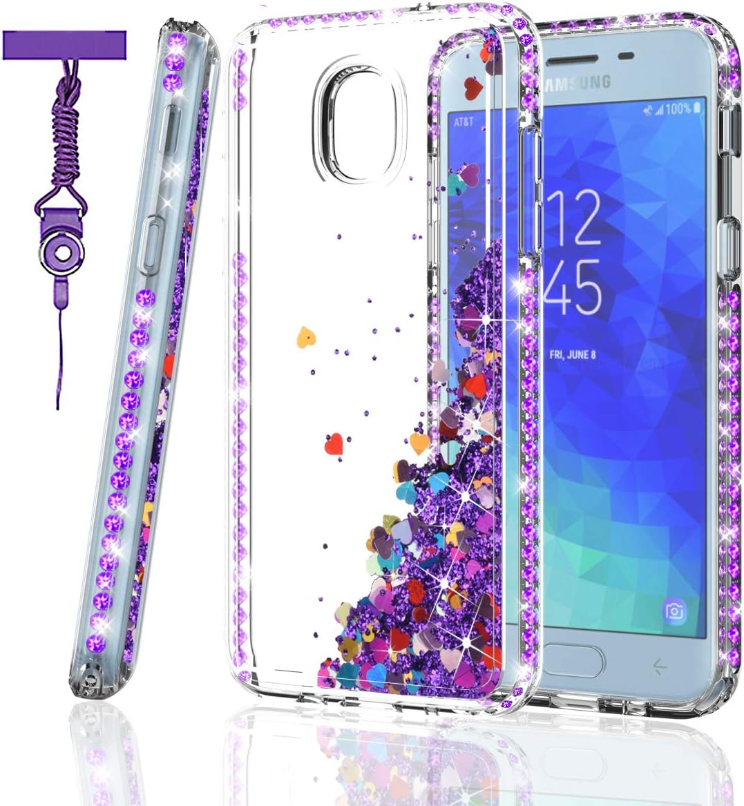 Zingcon Compatible for Samsung Galaxy J3 2018 Phone Case,J4,J337 Glitter Quicksand Case,Sparkle Rhinestone/Crystal Diamond,Liquid Waterfall Floating Quicksand Shockproof Case with Neck Lanyard-Purple