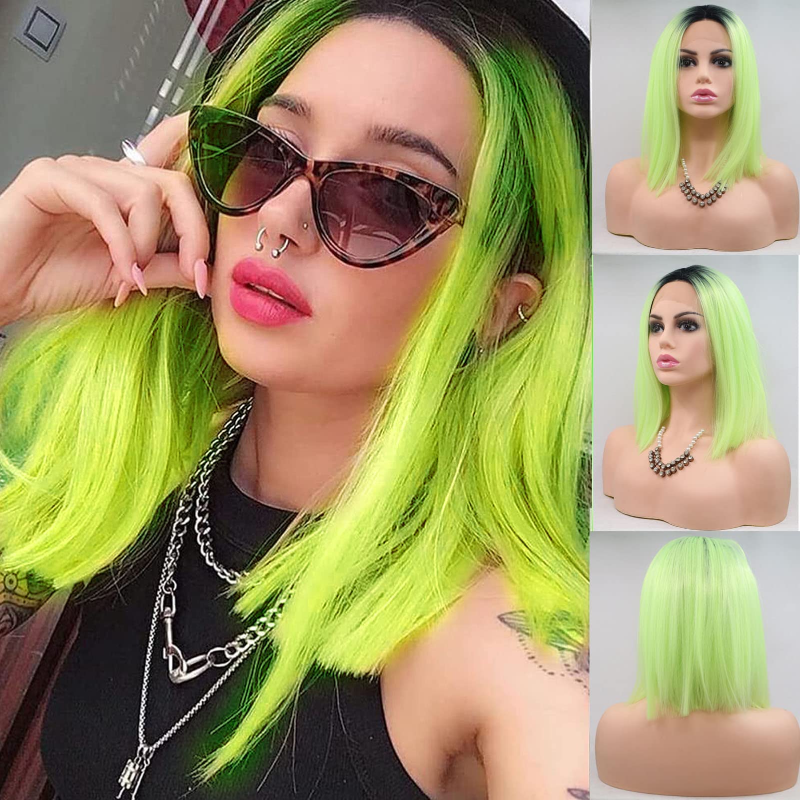 AFBeauty Green Bob Wig Short Synthetic Lace Front Wig Ombre Neon Pastel Green Real Hair Afro Wigs for Women Straight Handmade Glueless Heat Resistant Fiber Hair Anime Cosplay Ladies Drag 14 Inch