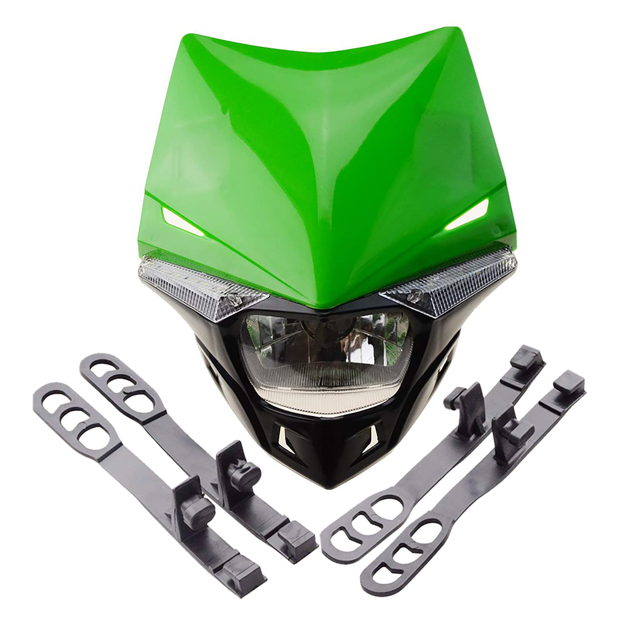 GOOFIT Green H4 12V 35W Motorbike Headlight 2 Indicators lights Approved Cover Halogen Indicator Fairing Lampshade lights Replacement For Super moto Motocross Dirt Bike