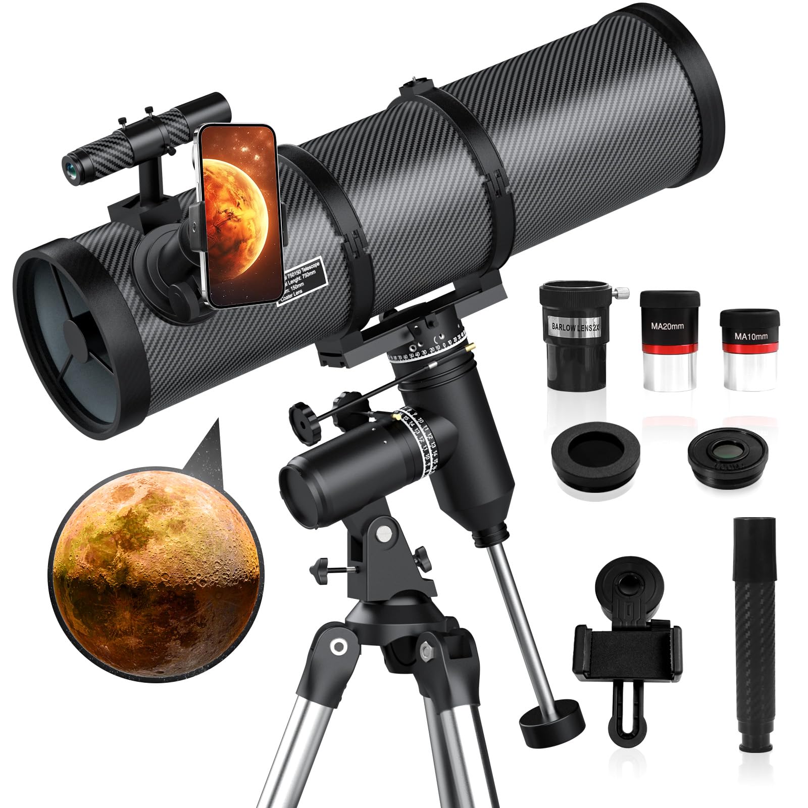 Photo 1 of Telescope 150EQ Telescopes for Adults High Powered - Deesoo 150mm Aperture Beginners Telescope - Professional Reflector Telescope with Phone Adapter 2X Barlow Lens Moon Filter