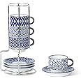 Selamica Ceramic Espresso Cups with Saucers and Metal Stand, 2.5 OZ Stackable Demitasse Cups for Espresso Latte Café Mocha Tea, Set of 4, Vintage Blue