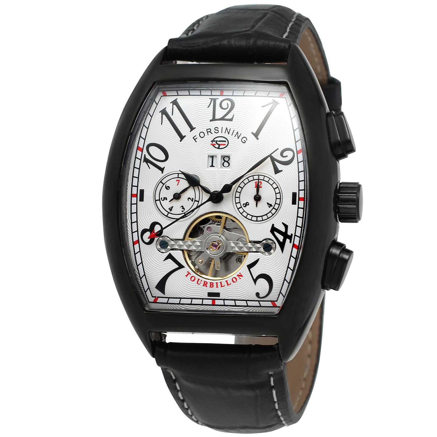 FORSINING Men's Automatic Waterproof Rectangle Watch Calendar Leather Strap Tourbillon Watch