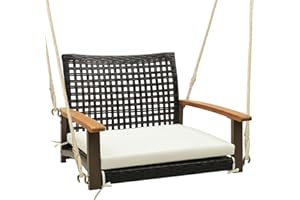 DORTALA Hanging Porch Swing, 1 Person Patio Wicker Swing Chair with Metal Frame, Cushion, Ropes & Hooks, Outdoor PE Rattan Sw