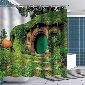 Fuortia Hobbit Shower Curtain Fantasy Rural Green Hobbit Living Cabin Fabric Bathroom Curtains Sets Lord of The Rings Magic Shower Curtain with Hooks Bathroom Bedroom Decoration for Kids 70x70Inches