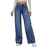 Women's Drawstring Wide Leg Jeans High Elastic Waisted Stretch Frayed Loose Fit Trouser Jeans Denim Pants