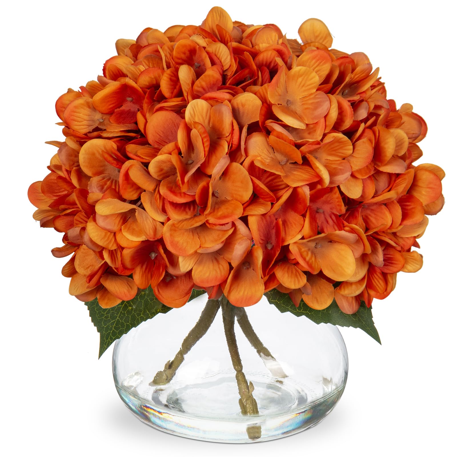 Oairse Autumn Decoartions Hydrangea Artificial Flowers Orange Hydrangea Flower in Glass Vase with Faux Water Autumn Flora Arrangement for Home Office Wedding Table Centrepiece Thanksgiving Fall Decor