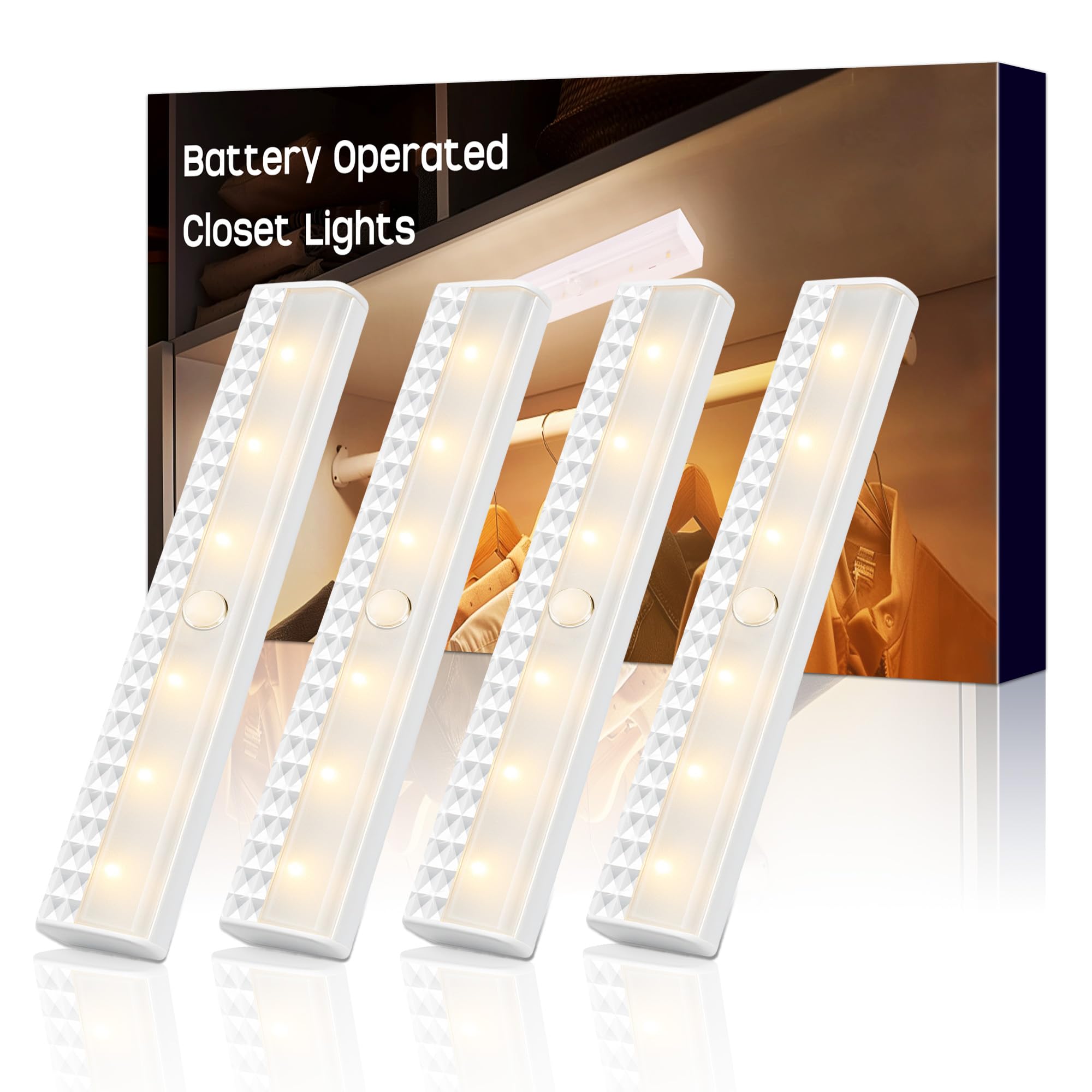 Photo 1 of holoith Motion Sensor Closet Lights 4-Pack 3000K, Battery Powered Wireless Magnetic 45 Lumen Stick-On Bars, for Under Cabinet, Stair, Shelf, Hallway, Wardrobe, Bed, Pantry, No Wiring