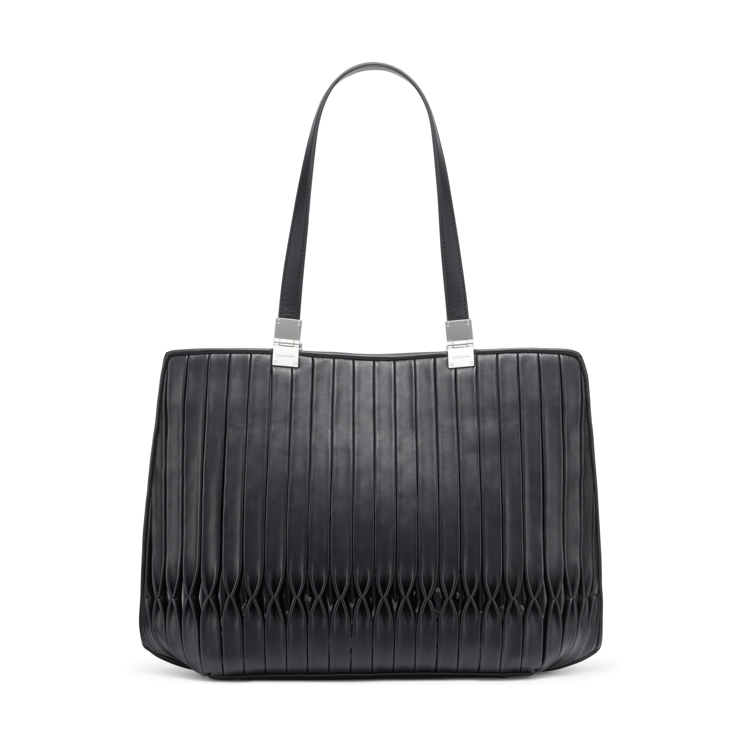 Calvin Klein Women’s Granite Geometric Tote Bag – Vegan Leather, Black/Silver Pintuck, One Size