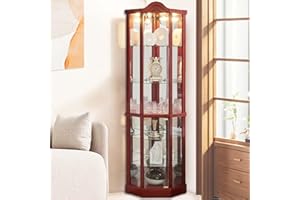 Firscook Corner Curio Cabinet,Lighted Wooden Corner Curio Cabinet,Corners Glass Display Cabinets with Tempered Glass Doors and Shelves,6-Layer Corners Cabinets,Curiocabinet for Living Room(Cherry)