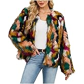 Letfool Women's Multicolor Furry Fluffy Faux Fur Coat Trendy Fall Winter Soft Warm Jacket Open Front Outware Shaggy Cardigan