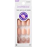 Kiss Impress No Glue Mani Press On Nails, Design, 'Evanesce', Beige, Short Size, Oval Shape, Includes 30 Nails, Prep Pad, Ins