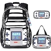 ACESAK Clear Backpack for Boys Girls - 3 Pcs Clear Heavy Duty with Lunch Bag - See Through Backpack Stadium Approved (Black Game)