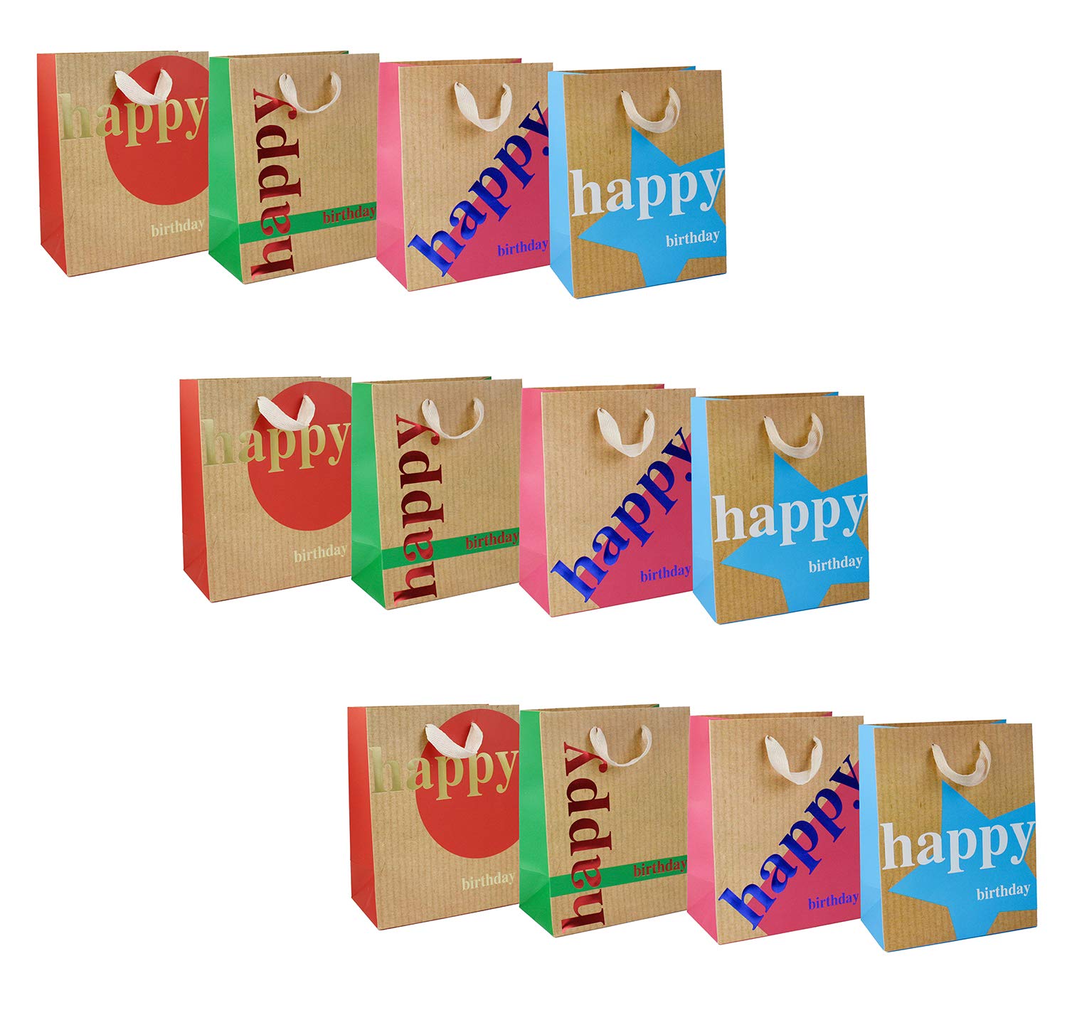 Emartbuy Set of 12 Luxury Gift Bag Strong Laminated Paper Mixed Colours 26 x 32 x 12 cm - Happy Birthday