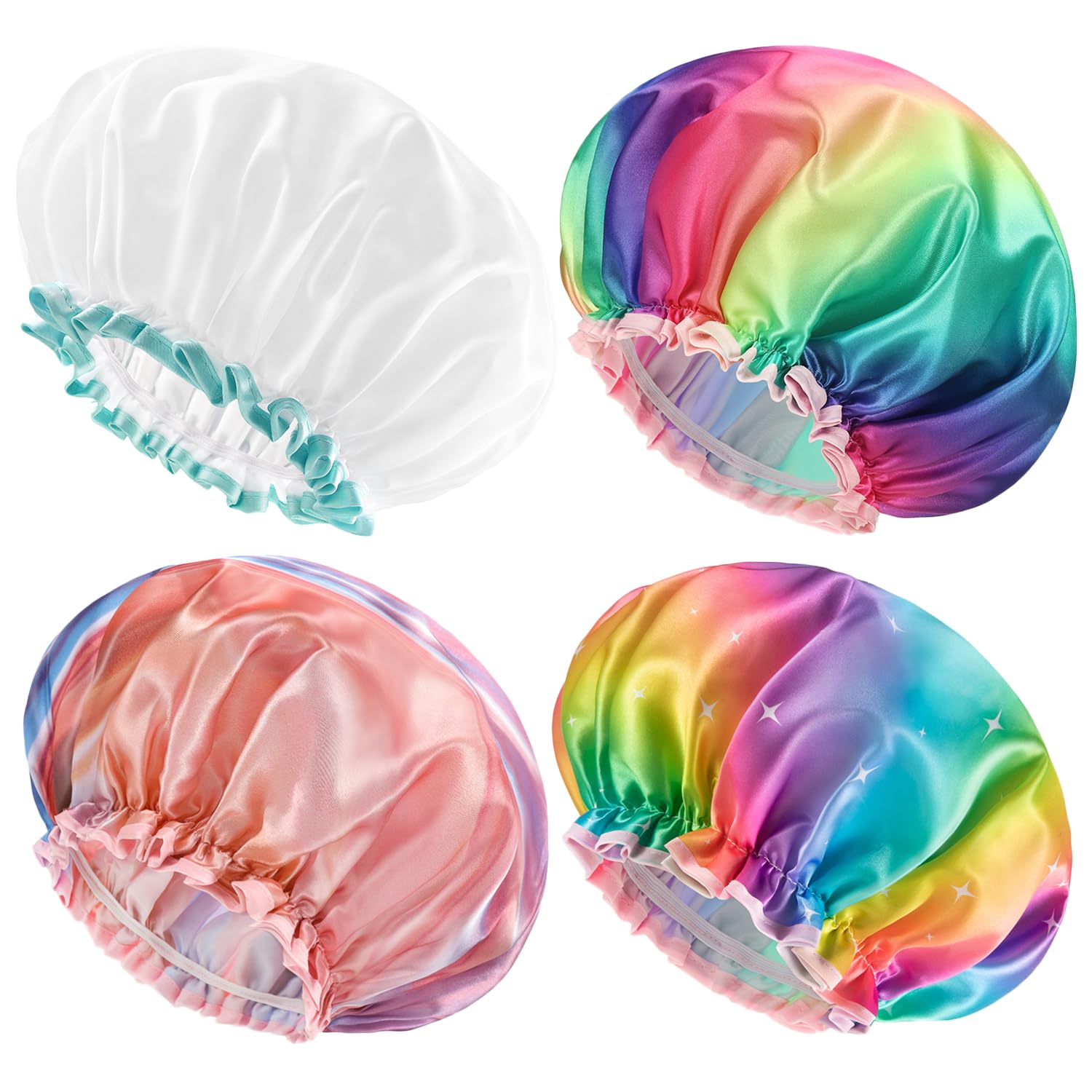 mikimini 4 Pack XL Shower Cap for Girls and Women, Mixed 4 Colors Sparkle Rainbow Stylish Shower Caps with Lace, Reusable Waterproof Bathing Shower Hat for Girls