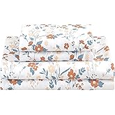 Softan Floral Queen Sheet Set Orange Flower Printed Bed Sheets - 4 Piece Soft Microfiber Patterned Fitted Sheets with 15" Deep Pocket and Corner Straps, Cute Spring Sheets & Pillowcase Set