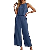 IWOLLENCE Women's Summer 2 Piece Outfits Set Round neck Sleeveless Tank Crop Top Wide Leg pants Set Pockets Jumpsuits