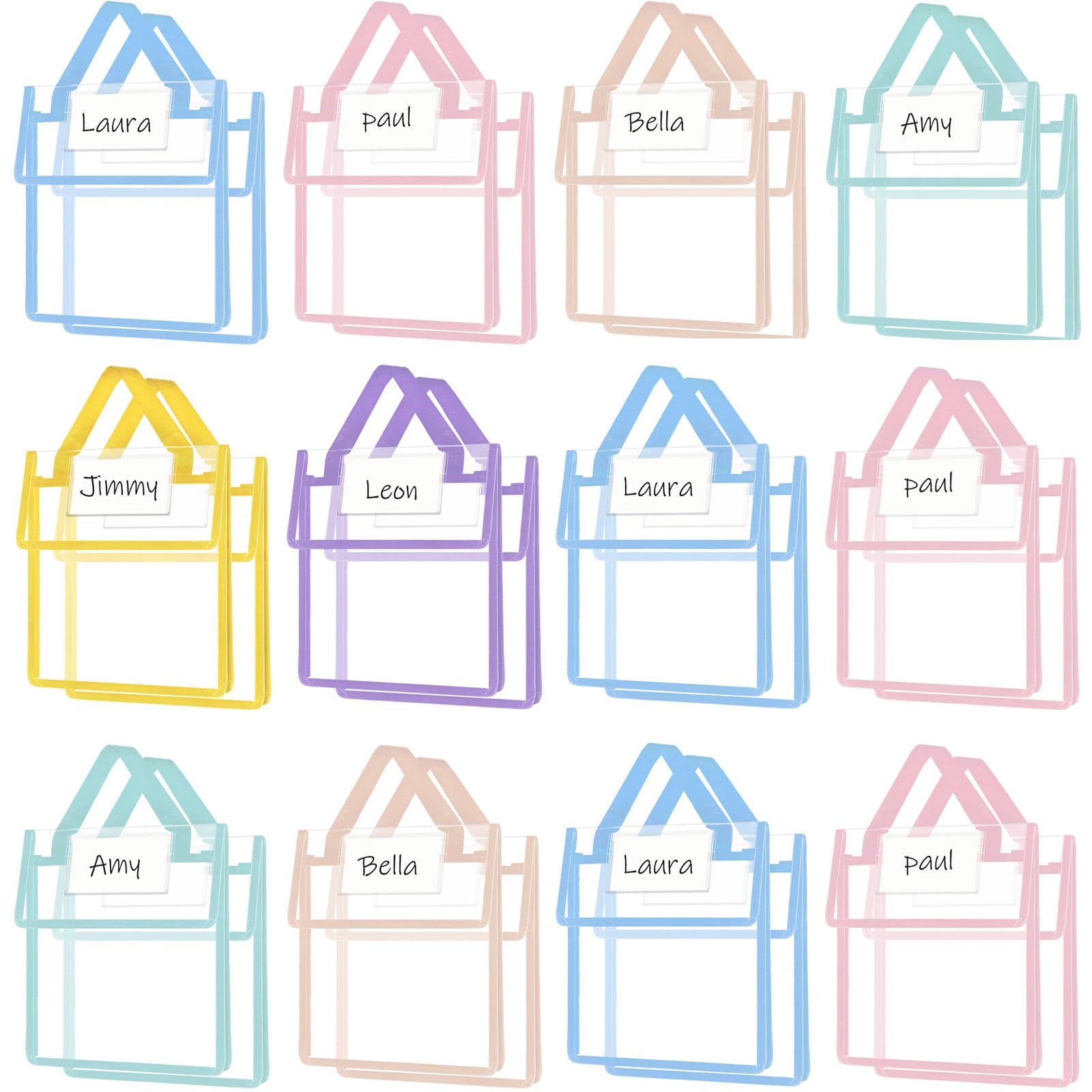Photo 1 of Teling Thick Clear Book Pouches with Blank Name Tags and Handles Book Baggies Bags Bins Organizer for School Classroom Library Pockets Students(Pastel Color)