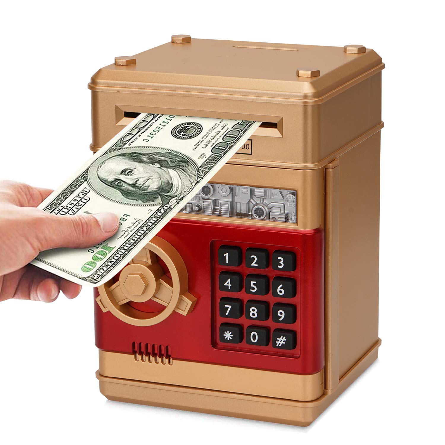 Revanom Electronic Piggy Bank, Mini ATM Password Money Bank Cash Coins Saving Box for Kids, Cartoon Safe Bank Box Perfect Toy Gifts for Boys Girls (Gold)