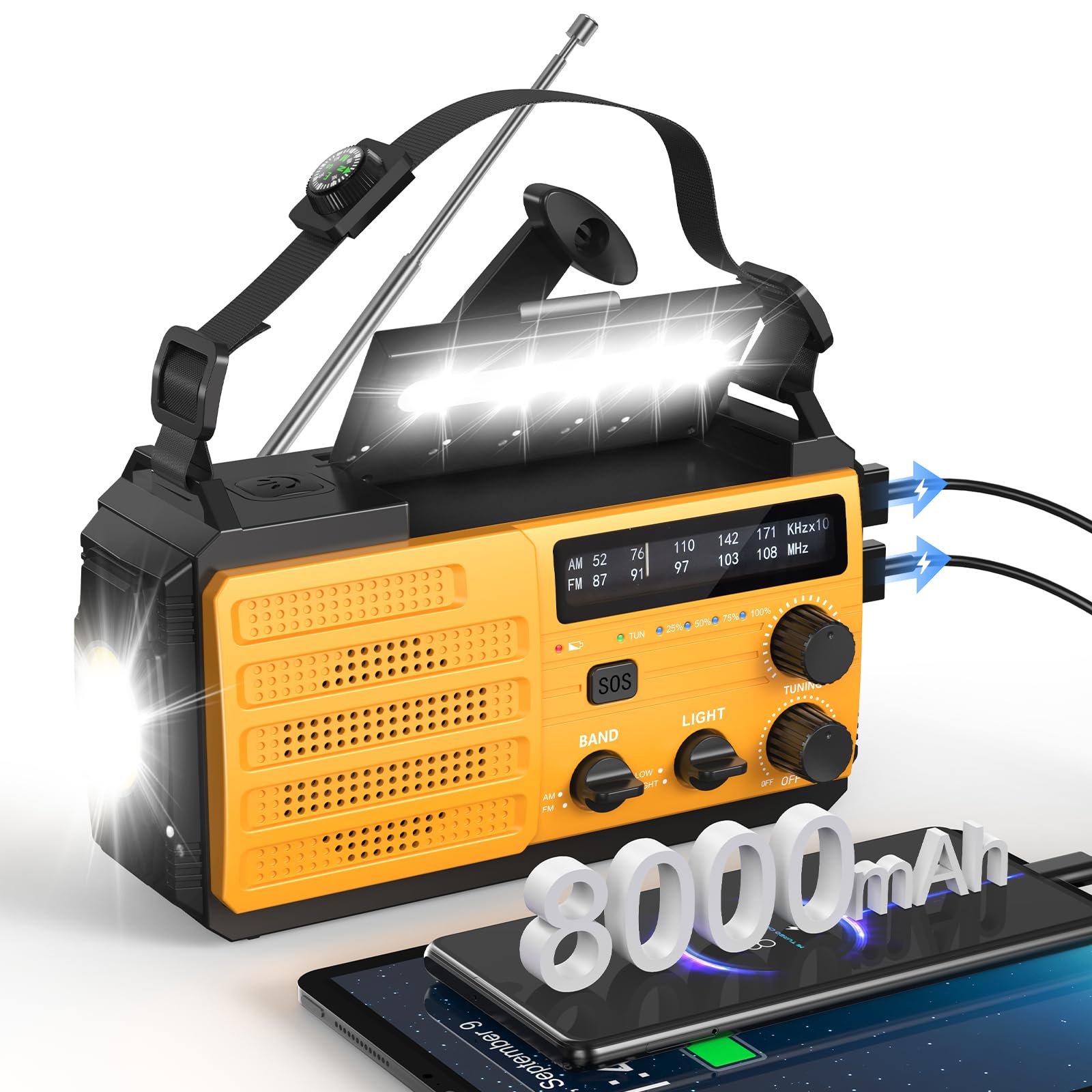 8000mAh Emergency Wind Up Radio, Hand Crank Solar, AM/FM Radio with 3-Mode Flashlight, 2-Mode Reading Lamp, SOS Alarm with USB Phone Charger for Emergency Outdoor