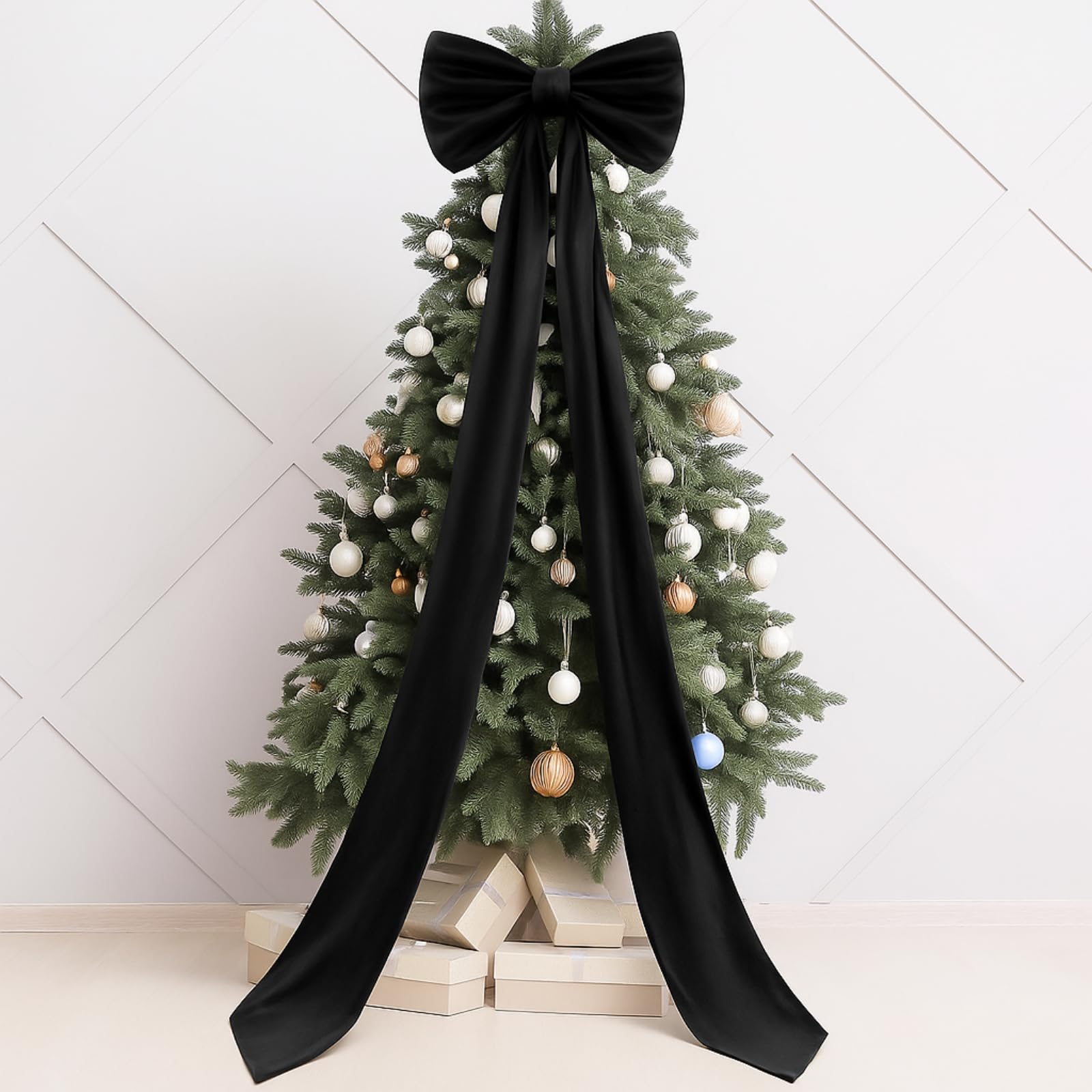Photo 1 of Wavwavw Christmas Tree Topper Giant Bow Decoration, Big Bows for Backdrop Room Decor 75x18 Inch Decorative Bows for Fall Wedding Christmas Birthday Party Baby Shower Room Decor(Black,Satin)