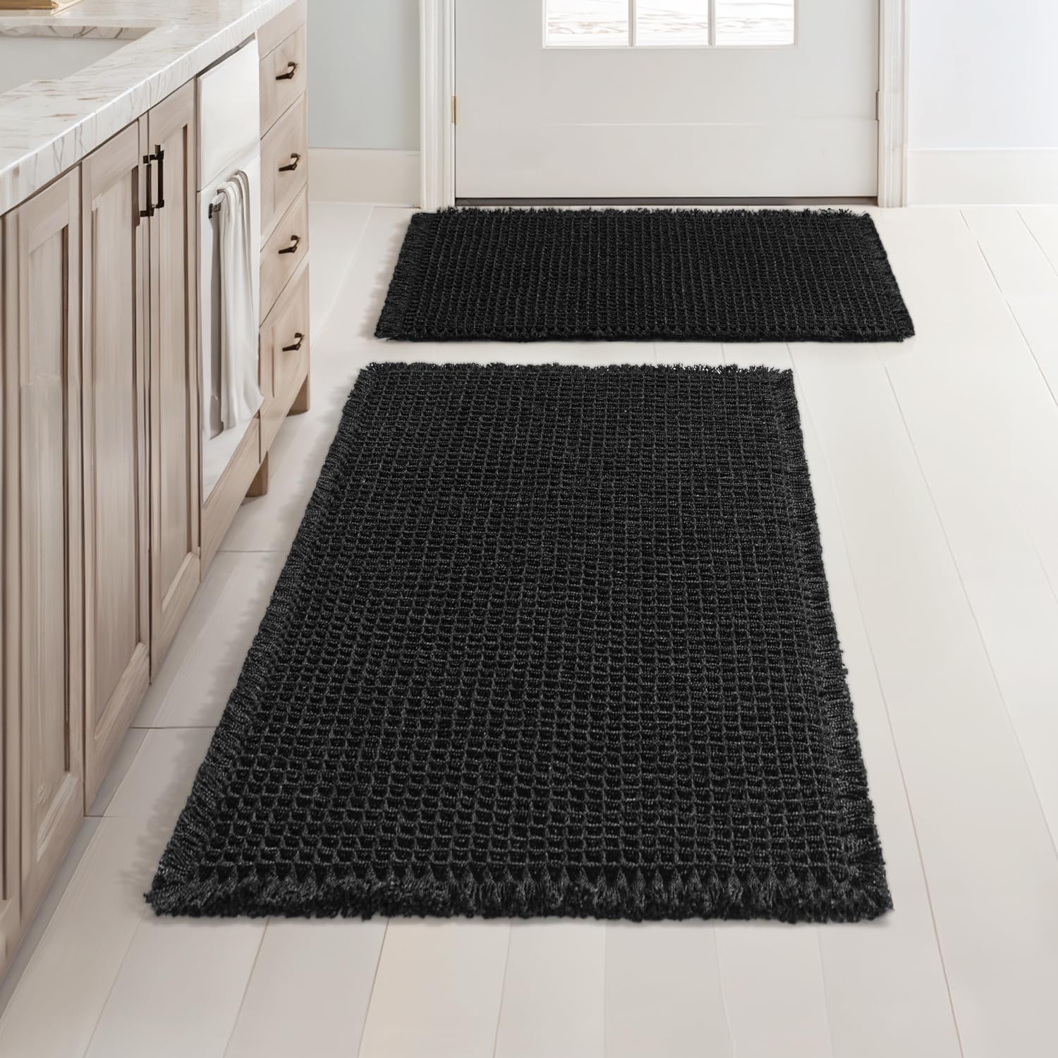 Photo 1 of MIULEE Set of 2 Waffle Bathroom Rugs, Boho Bath Rugs Non Slip Washable, Super Absorbent Bath Mats, Ultra Soft Rubber Backed Shower Mats for Bathroom Floor, Tub, Black, 17"x24"+18"x30"
